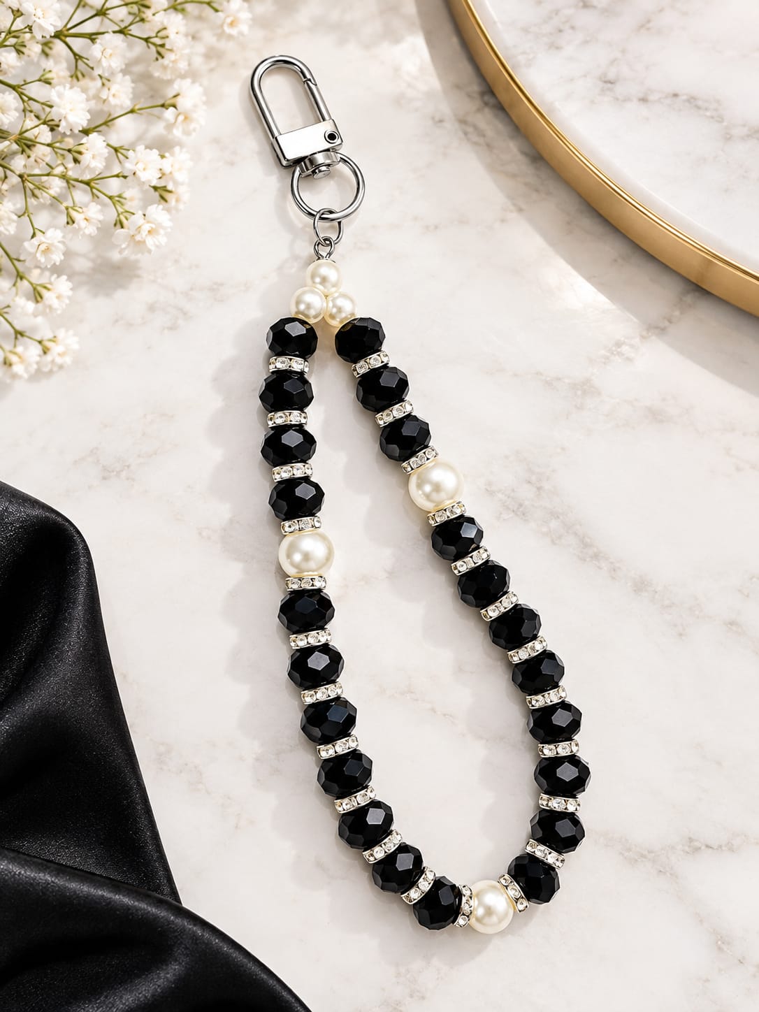 Black Pearl Crystal Phone Charm