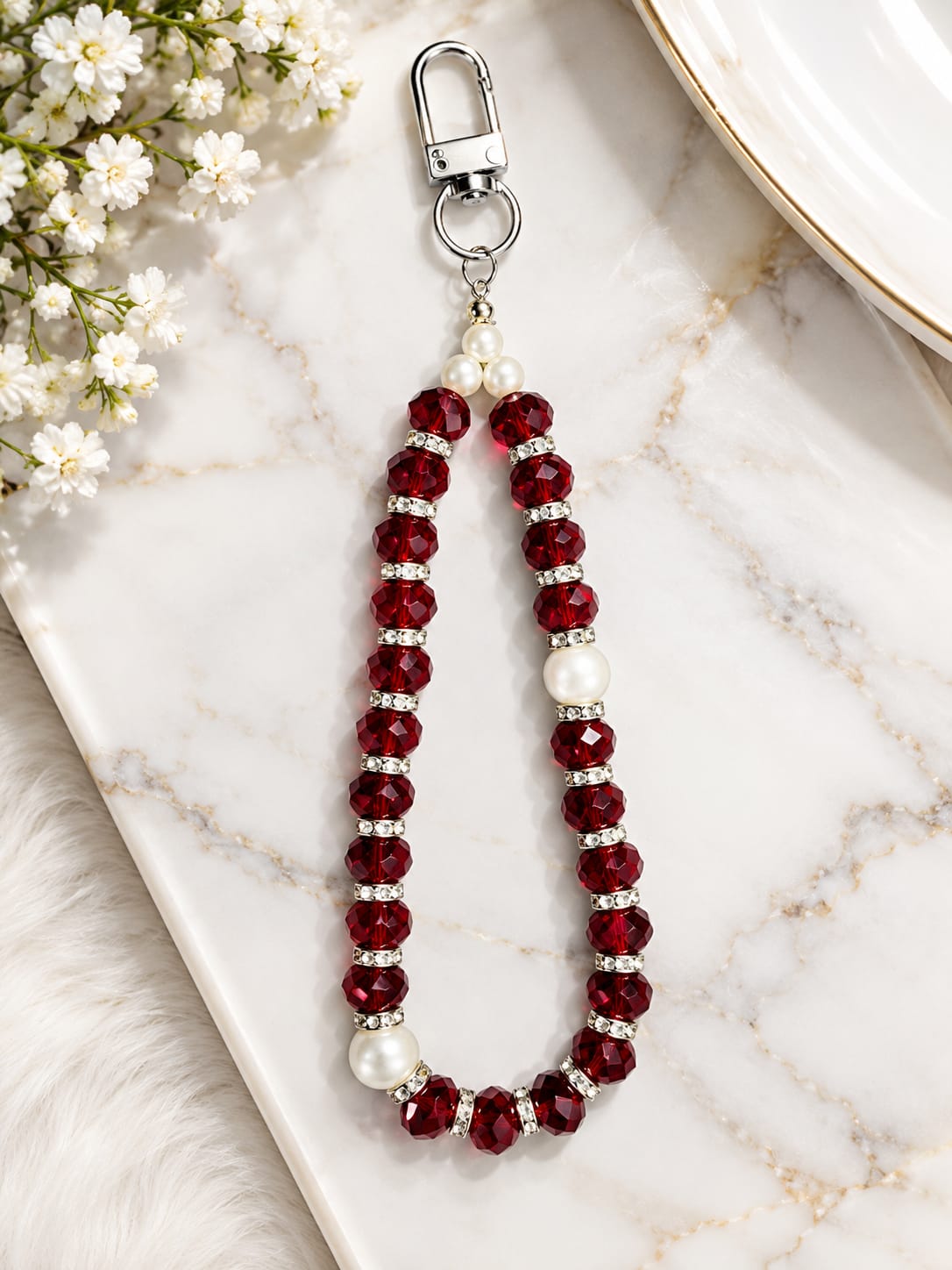 Maroon Pearl Crystal Phone Charm