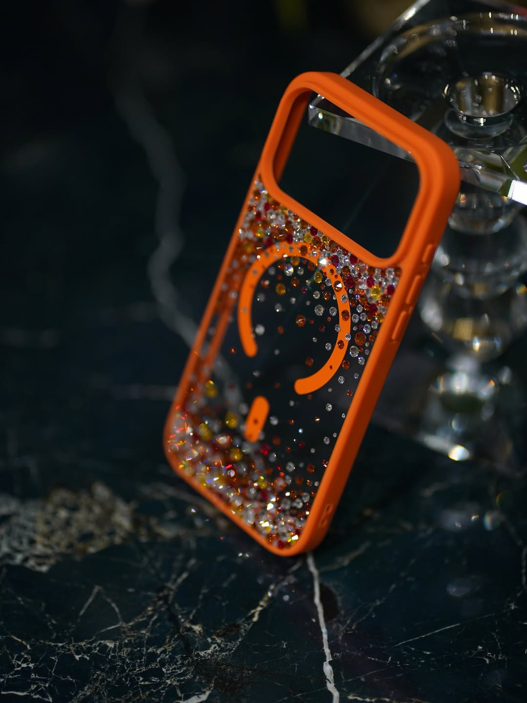 Cosmic Orange Sparkle Rhine Stone Case with matching Charm (#RS-084)